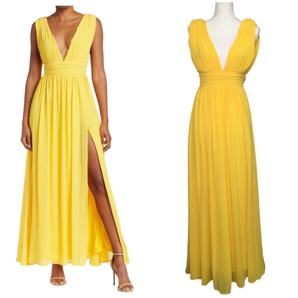 New Love X Design Womens XS Athen Plunging V Neck Maxi Gown Dress Sun Yellow